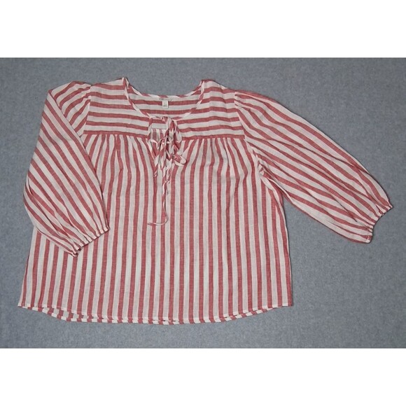 Cato Tops - Cato Linen Blend Peasant Tunic Top Womens L Red White Striped Coastal Grandma